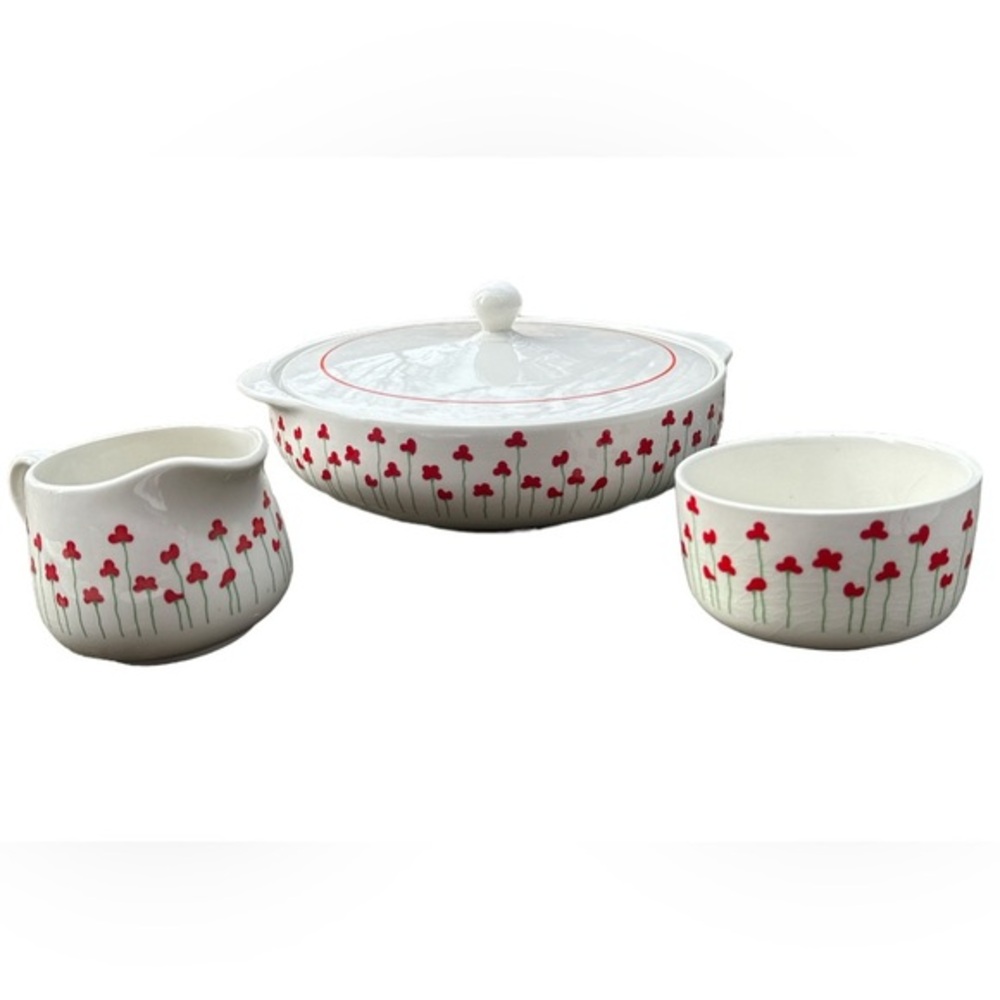 Poppies Collection Baking Dish Creamer and Bowl White and Red Floral Set 80s